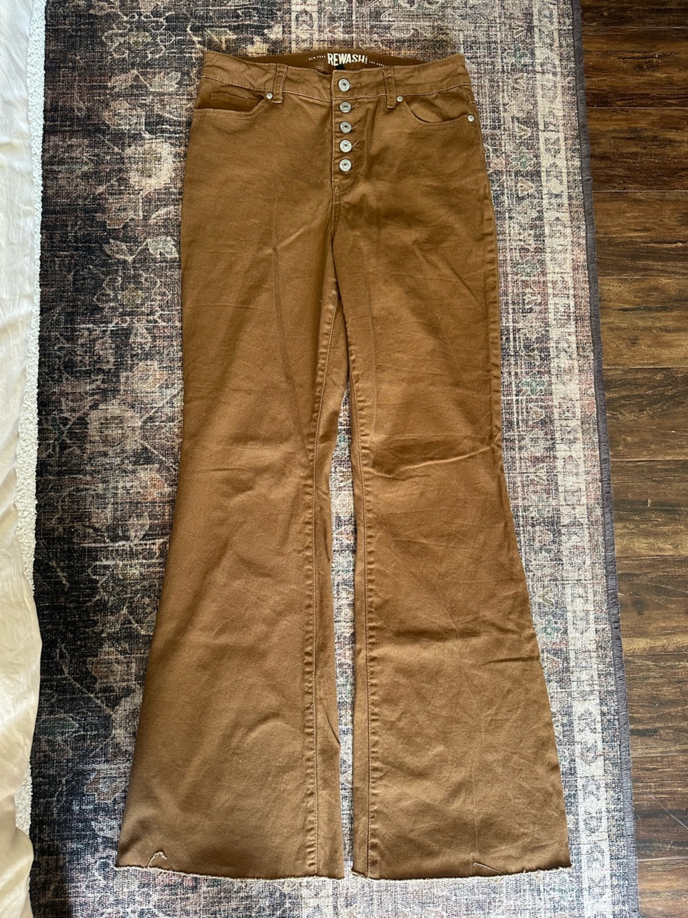 Rewash Button-Front High-Rise Flare Jeans in Brown